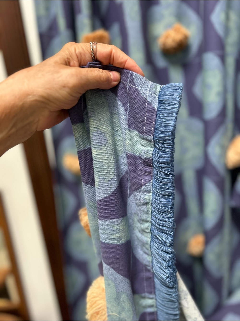 Blue Geometric Shower Curtain w/Tan Pom-Poms thru-out + blue fringe hem. So cute - Picture 6 of 6